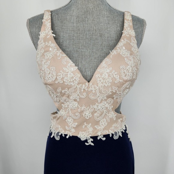 Nina Canacci Formal Evening Dress 10 Embellished Beaded Cut Out Navy‎ Blue Cream - Picture 7 of 15